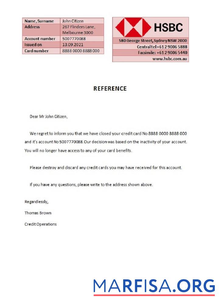 Downloadable Australia HSBC closure reference template